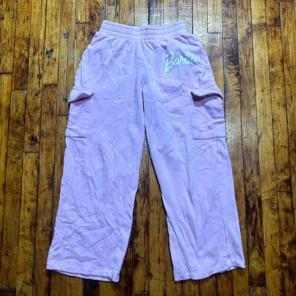 Barbie Sweatpants Women's Medium Pink Logo Fleece Cargo Pockets Wide Leg Outdoor